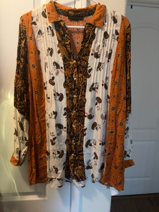 Jane and Delancey Tops - Jane and Delancey Patchwork Button-Front Tunic in Orange, White & Brown